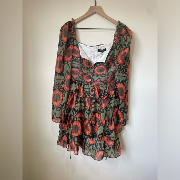 NWT BEULAH|| Mini Dress M Green Orange Abstract Tiered Fairycore Boho Cottage - Picture 2 of 9